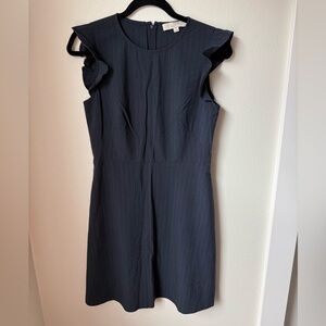 LOFT Navy Pinstripe Ruffle-Sleeve Midi Dress